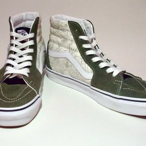 Vans olive green high tops, with desert pattern
